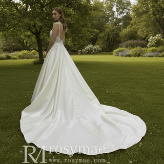 Classic Spaghetti Strap A-line Satin Wedding Dress with Open Back - Rosymae