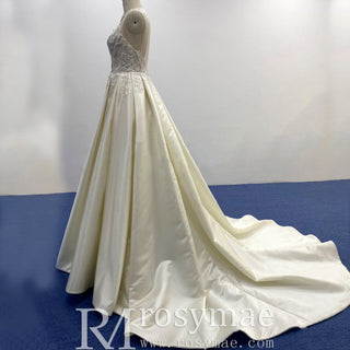 Classic Spaghetti Strap A-line Satin Wedding Dress with Open Back - Rosymae