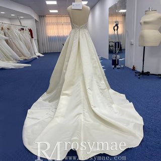 Classic Spaghetti Strap A-line Satin Wedding Dress with Open Back - Rosymae