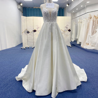 Classic Spaghetti Strap A-line Satin Wedding Dress with Open Back - Rosymae
