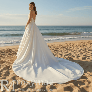 Classic Spaghetti Strap A-line Satin Wedding Dress with Open Back - Rosymae