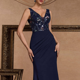 Classic Sparkly Vneck Royal blue Prom Dress with Leg Slit - Rosymae