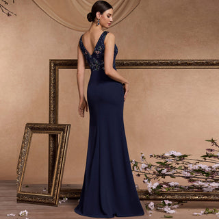 Classic Sparkly Vneck Royal blue Prom Dress with Leg Slit - Rosymae