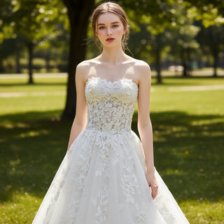 Classic Strapless A-line Wedding Dress with Floral Lace Applique - Rosymae