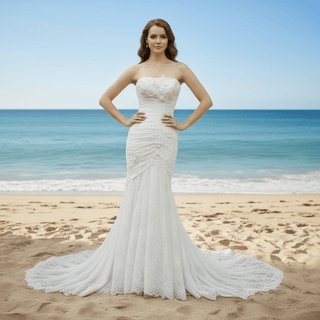 Classic Strapless Fit Flare Lace Wedding Dress with Beaded Pearls - Rosymae