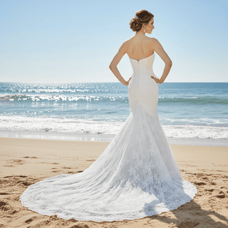Classic Strapless Fit Flare Lace Wedding Dress with Beaded Pearls - Rosymae