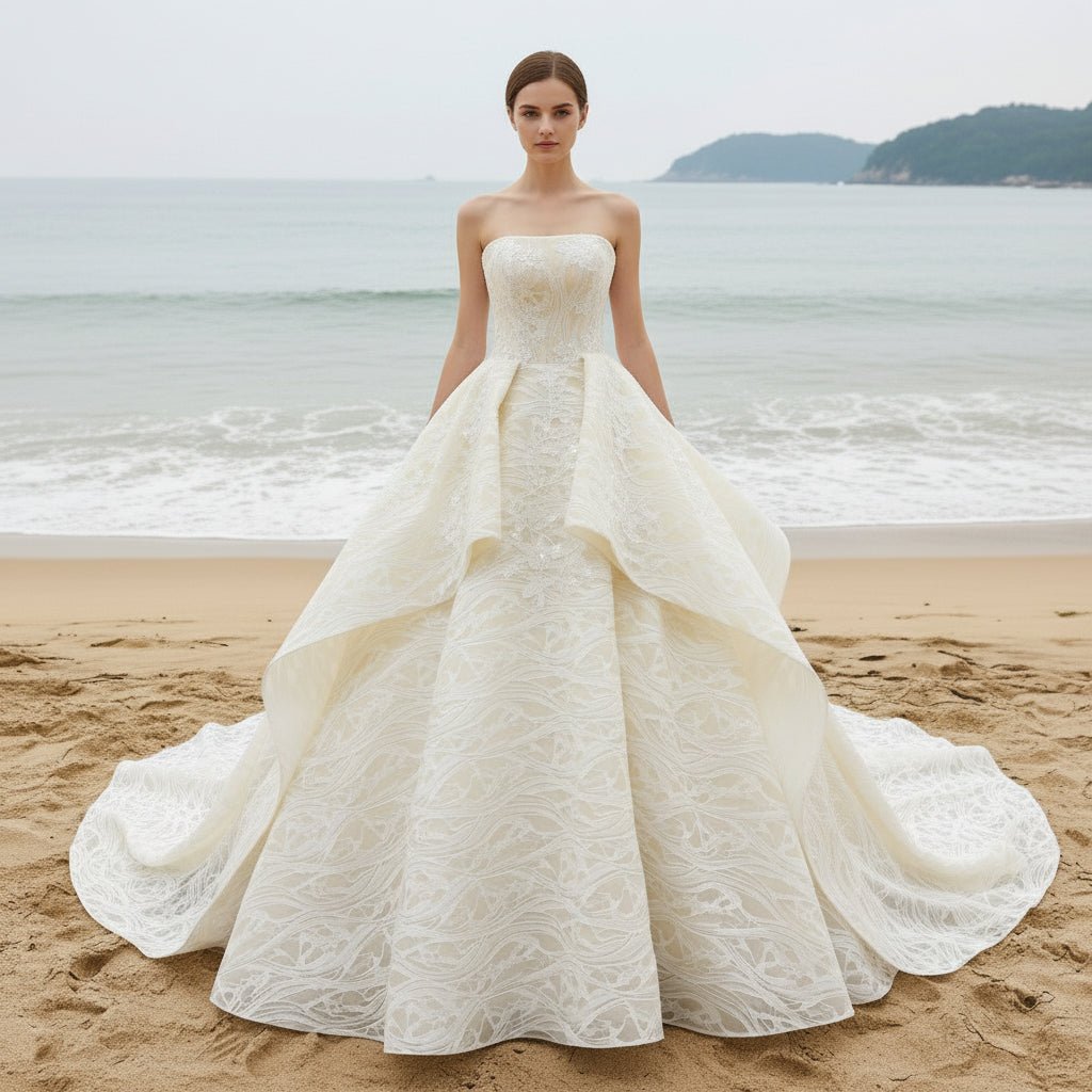 Classic Strapless Ruffle Champagne Wedding Dress with Straight Neck - Rosymae