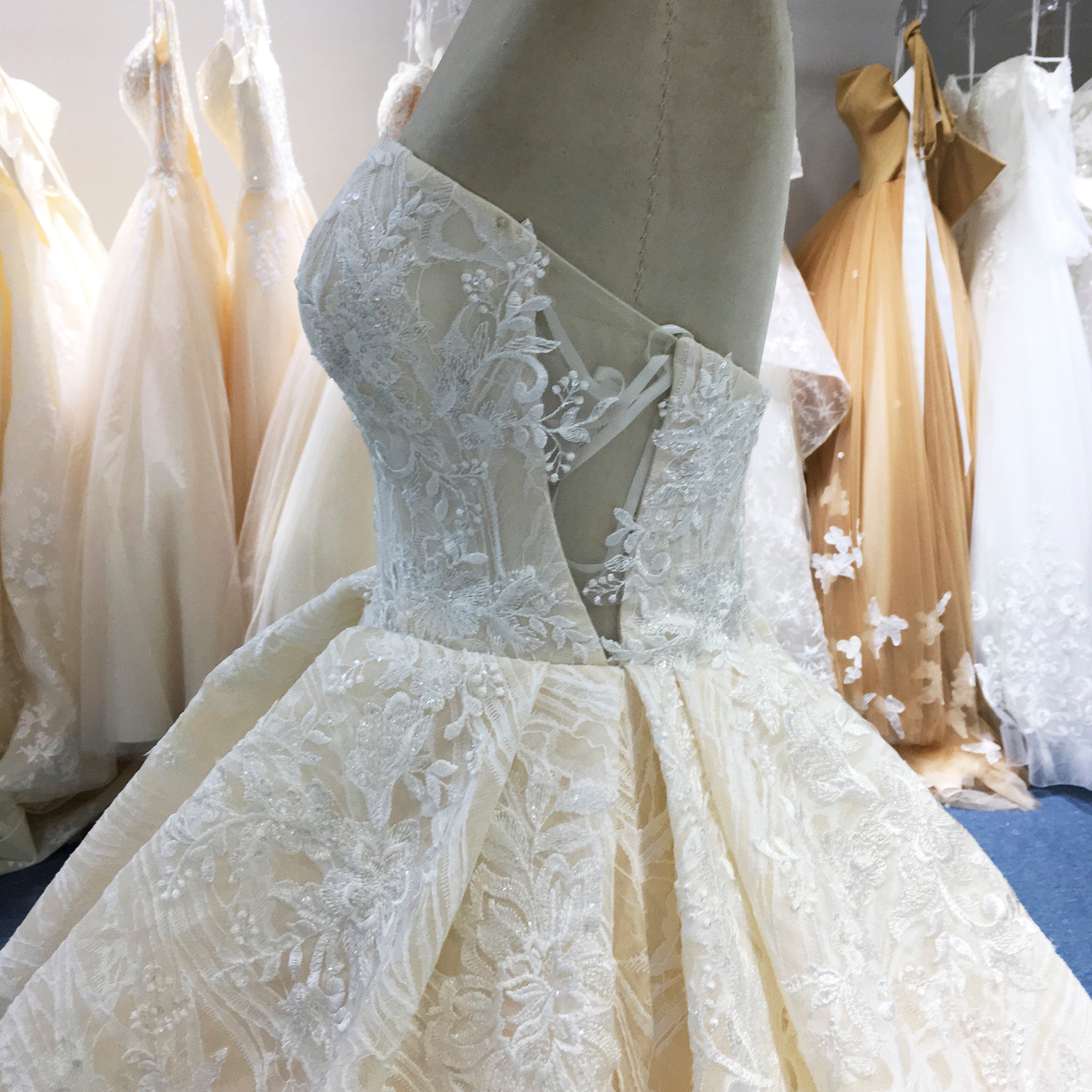 Classic Strapless Ruffle Champagne Wedding Dress with Straight Neck - Rosymae