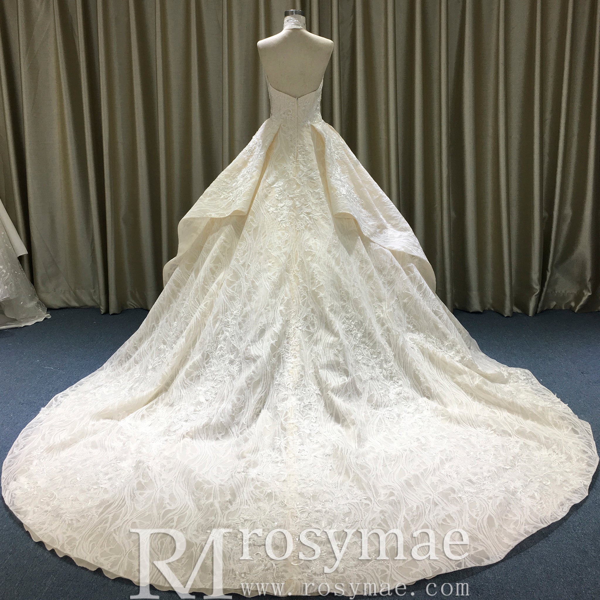 Classic Strapless Ruffle Champagne Wedding Dress with Straight Neck - Rosymae