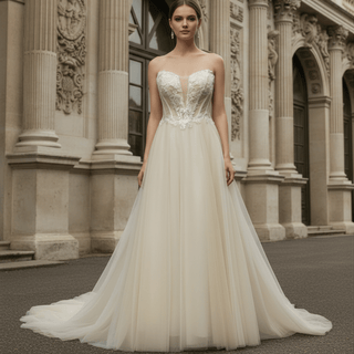 Classic Strapless Scoop Neck A-line Spring Wedding Gown - Rosymae