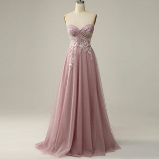 Classic Strapless Sweetheart Prom Dress with 3D Flowers - Rosymae