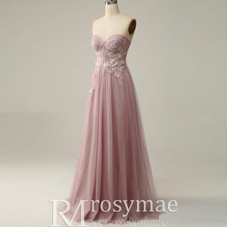 Classic Strapless Sweetheart Prom Dress with 3D Flowers - Rosymae