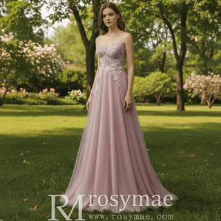 Classic Strapless Sweetheart Prom Dress with 3D Flowers - Rosymae