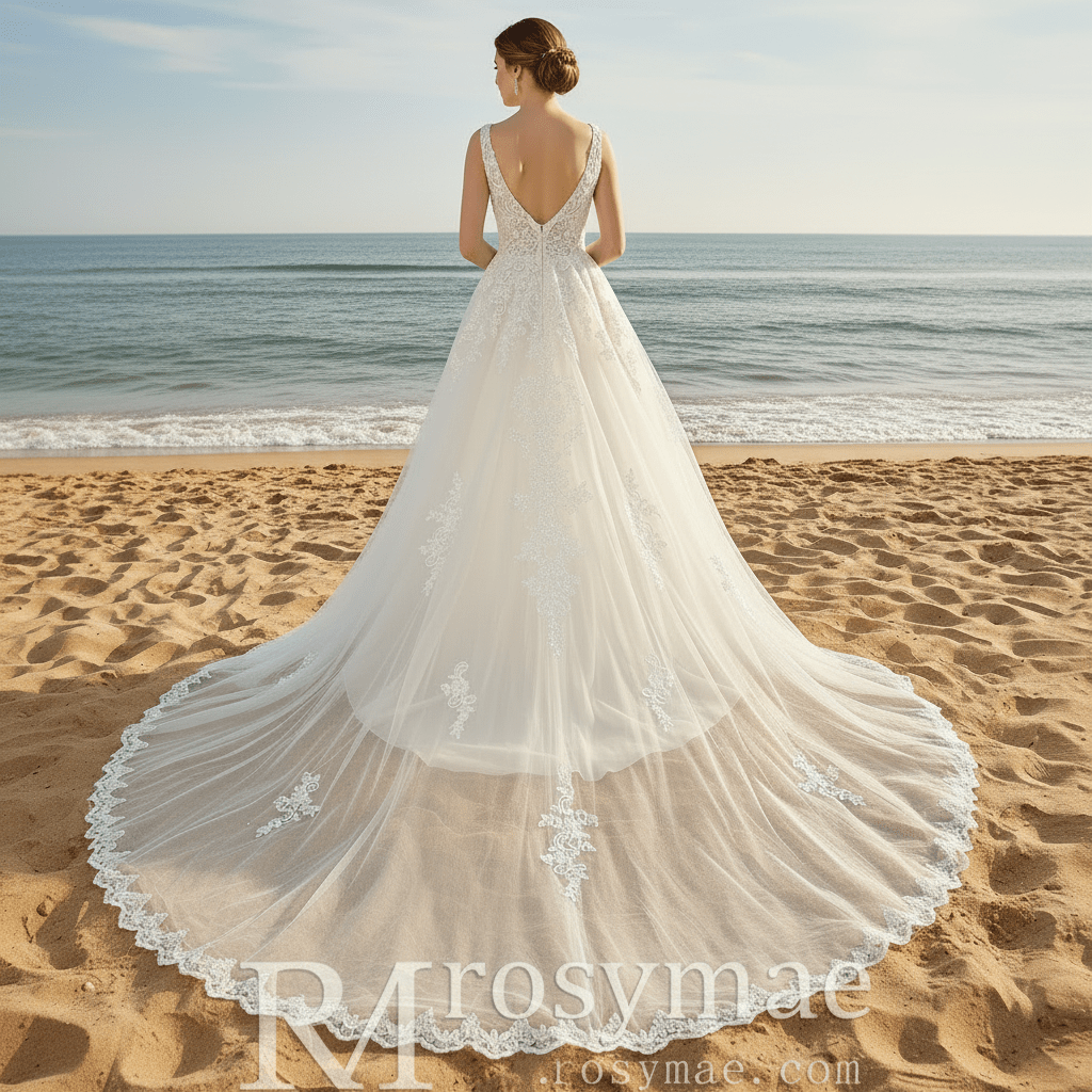 Classic Tank Sleeve A-line Lace Appliqued Wedding Dress with Vneck - Rosymae