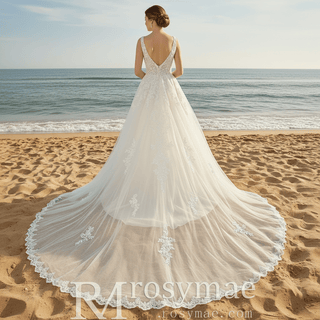 Classic Tank Sleeve A-line Lace Appliqued Wedding Dress with Vneck - Rosymae