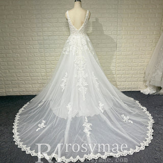 Classic Tank Sleeve A-line Lace Appliqued Wedding Dress with Vneck - Rosymae
