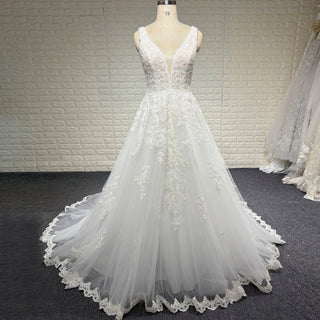 Classic Tank Sleeve A-line Lace Appliqued Wedding Dress with Vneck - Rosymae