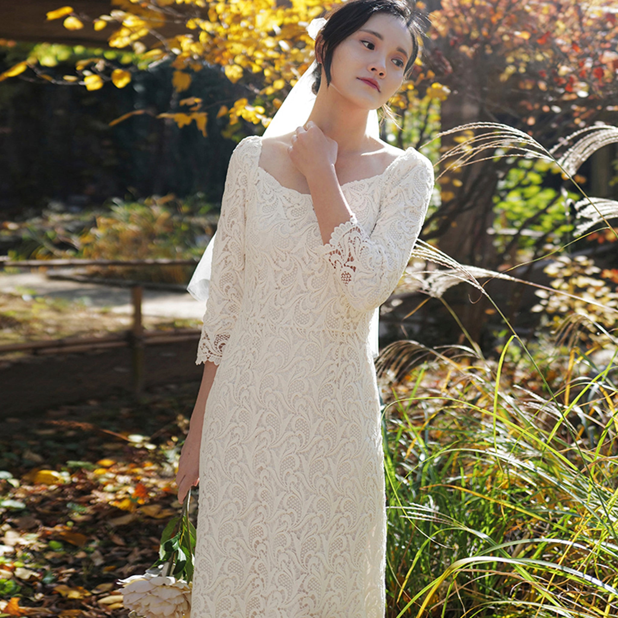 Boat Neck Mid Calf Lace Wedding Dress with Three Quarter Sleeve Cream / 16 Boat Neck Mid Calf Lace Wedding Dress with Three Quarter Sleeve Cream / 16