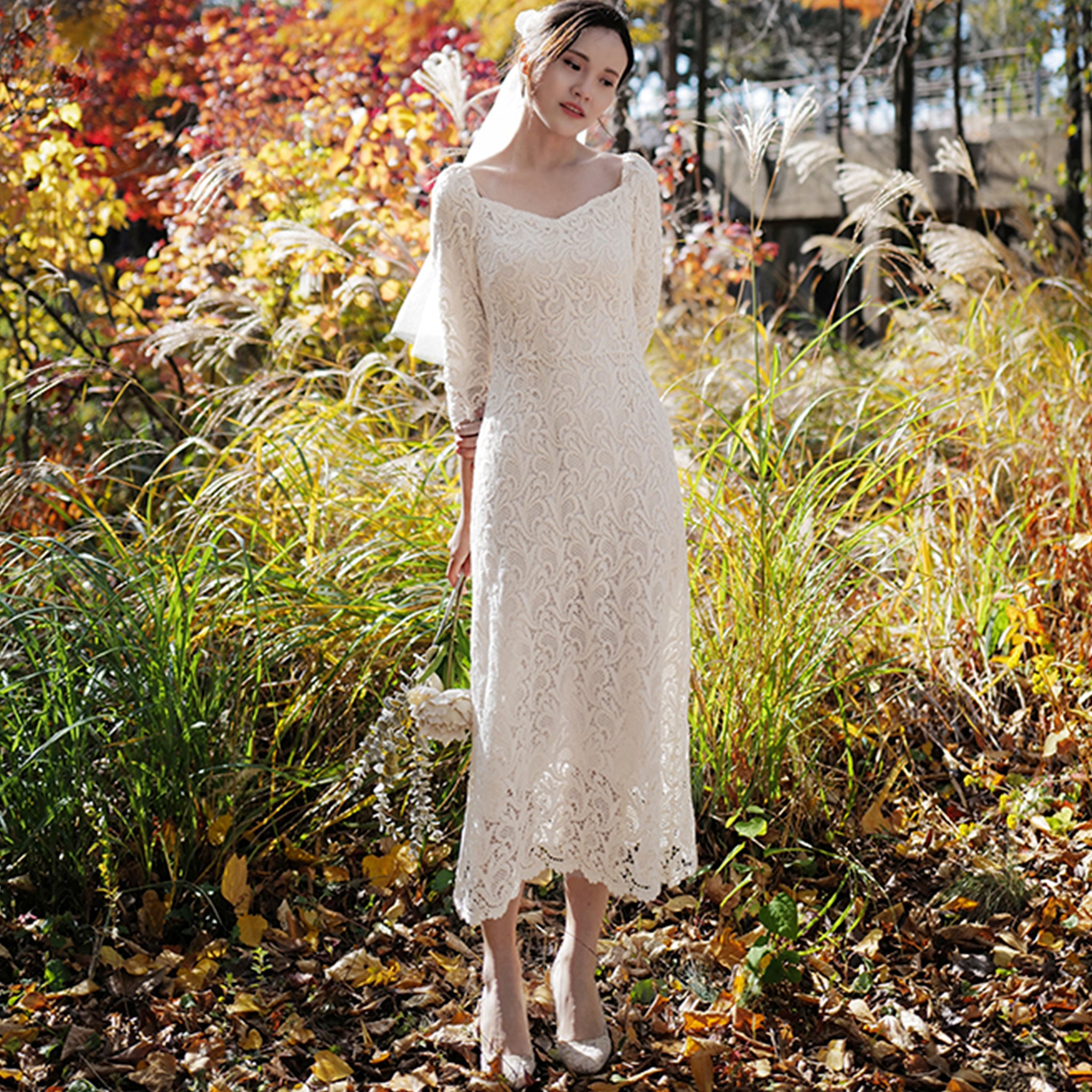 Boat Neck Mid Calf Lace Wedding Dress with Three Quarter Sleeve Cream / 16 Boat Neck Mid Calf Lace Wedding Dress with Three Quarter Sleeve Cream / 16