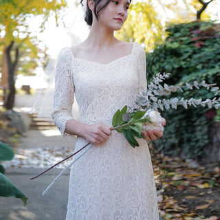 Boat Neck Mid Calf Lace Wedding Dress with Three Quarter Sleeve
