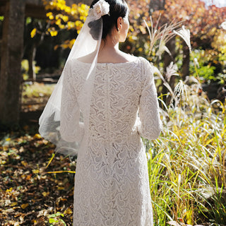 Boat Neck Mid Calf Lace Wedding Dress with Three Quarter Sleeve