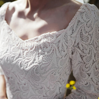 Boat Neck Mid Calf Lace Wedding Dress with Three Quarter Sleeve
