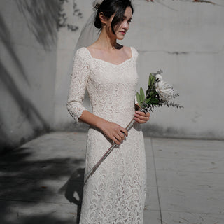 Boat Neck Mid Calf Lace Wedding Dress with Three Quarter Sleeve
