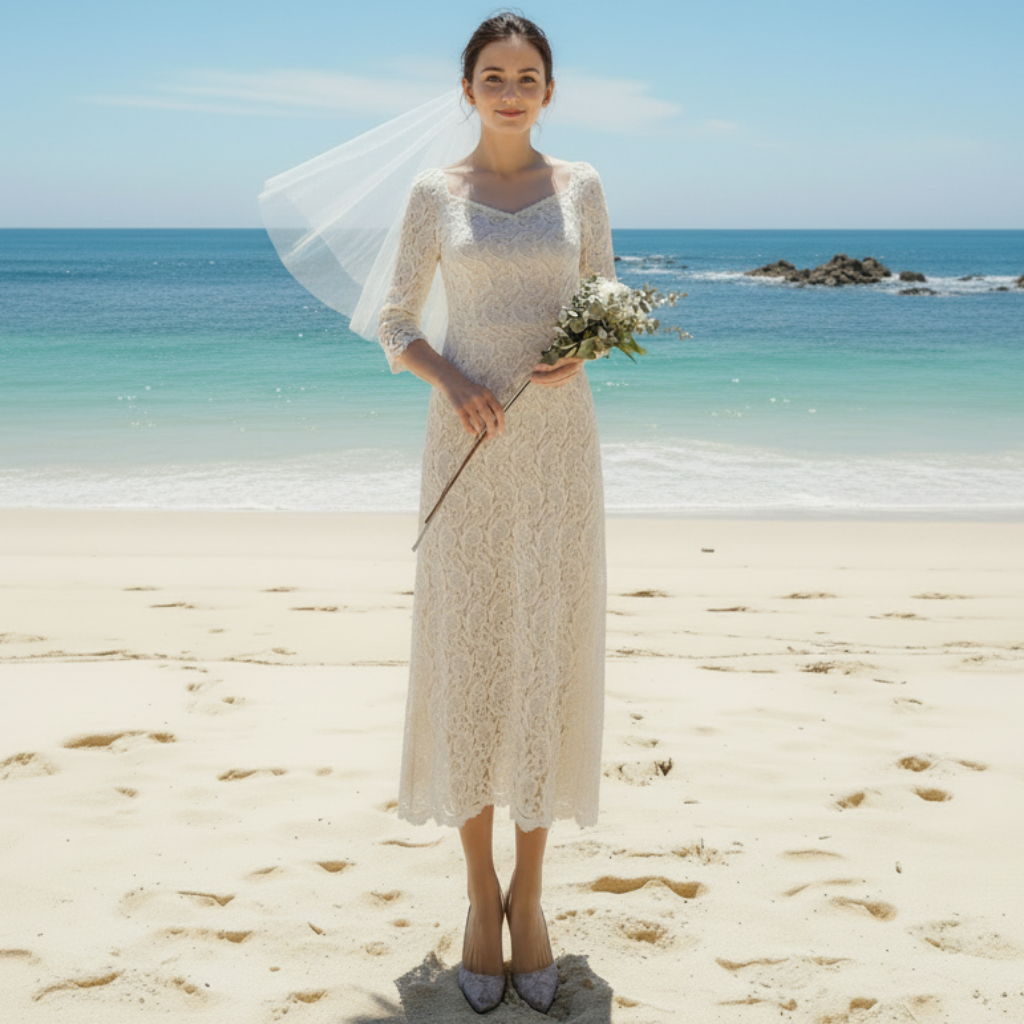 Boat Neck Mid Calf Lace Wedding Dress with Three Quarter Sleeve Cream / 16 Boat Neck Mid Calf Lace Wedding Dress with Three Quarter Sleeve Cream / 16