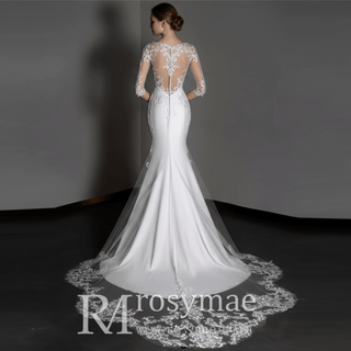 Classic Three Quarter Sleeve Satin Lace Mermaid Bridal Wedding Dress - Rosymae