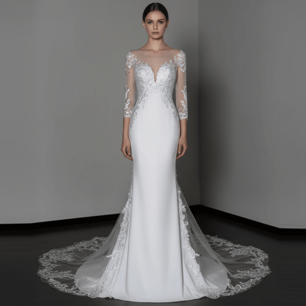 Classic Three Quarter Sleeve Satin Lace Mermaid Bridal Wedding Dress