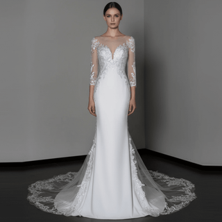 Classic Three Quarter Sleeve Satin Lace Mermaid Bridal Wedding Dress - Rosymae
