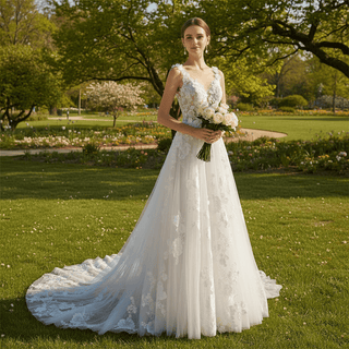 Classic Tulle and Lace A-line Wedding Dress with Sheer Bodice - Rosymae