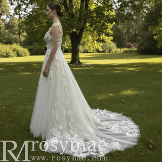Classic Tulle and Lace A-line Wedding Dress with Sheer Bodice - Rosymae