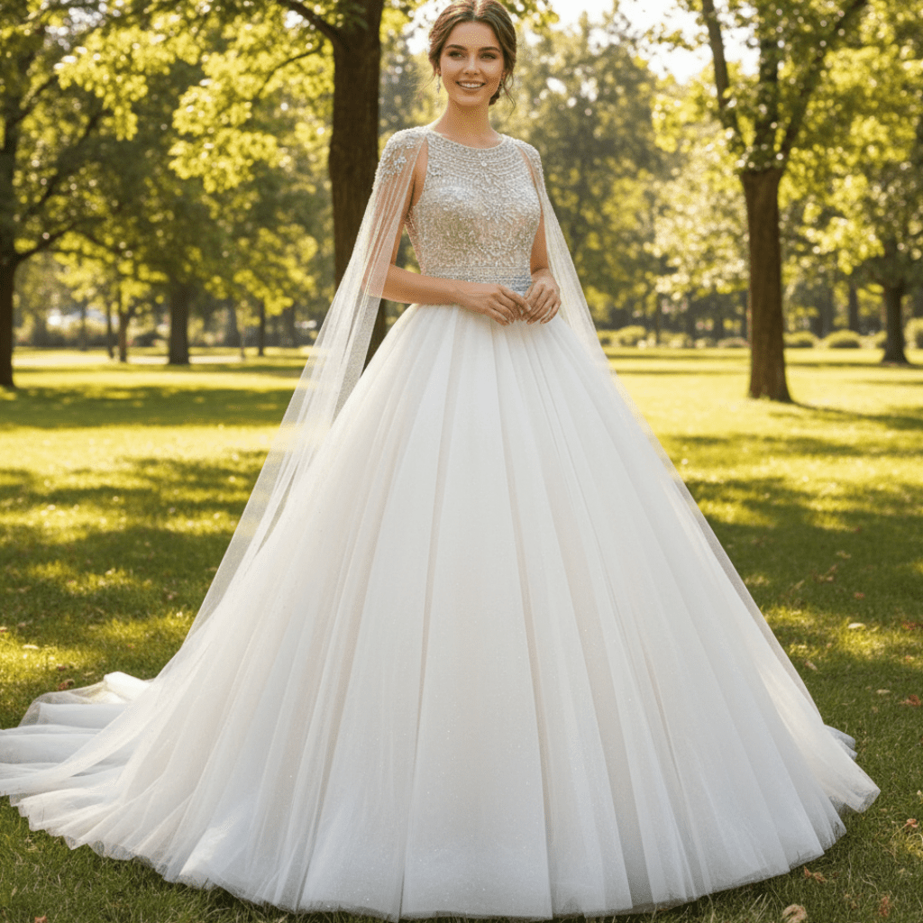 Classic Tulle Ball Gown Wedding Dress with Detachable Cape - Rosymae