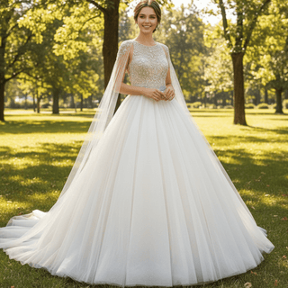 Classic Tulle Ball Gown Wedding Dress with Detachable Cape - Rosymae