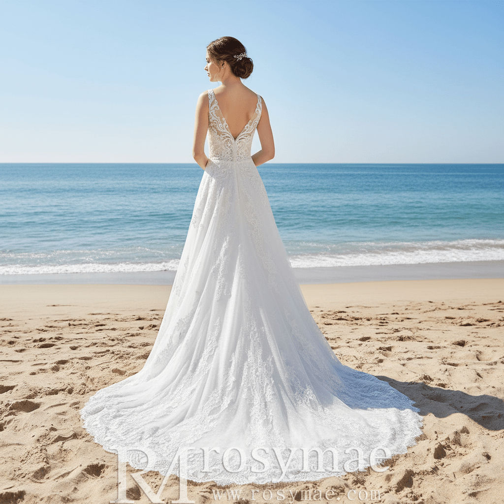 Classic V-neck Lace Open-Back A-Line Wedding Dress with Scalloped Hem - Rosymae