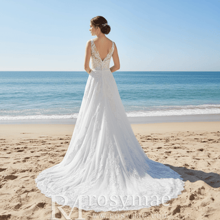 Classic V-neck Lace Open-Back A-Line Wedding Dress with Scalloped Hem - Rosymae