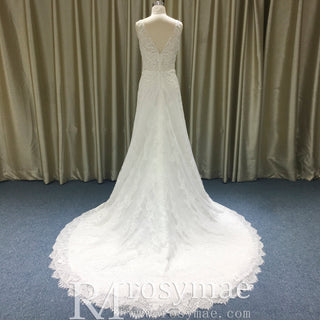Classic V-neck Lace Open-Back A-Line Wedding Dress with Scalloped Hem - Rosymae