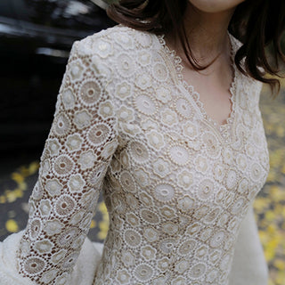 Classic V-neck Midi-length Floral Lace Wedding Dress with 3/4 Sleeve - Rosymae