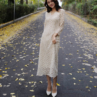 Classic V-neck Midi-length Floral Lace Wedding Dress with 3/4 Sleeve - Rosymae