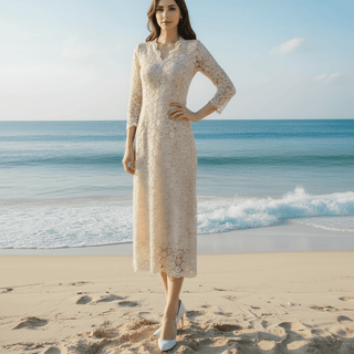 3 4 sleeve lace midi dress Long 3/4 Sleeve Mother of the Bride Lace Dress