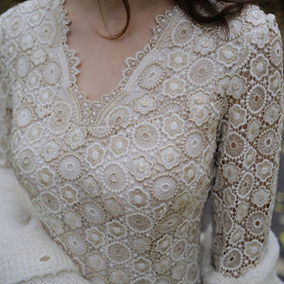 Classic V-neck Midi-length Floral Lace Wedding Dress with 3/4 Sleeve - Rosymae