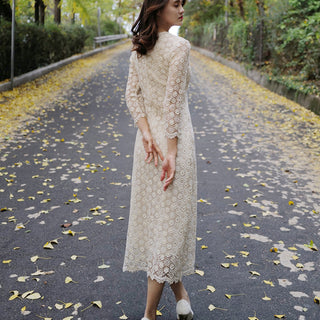 Classic V-neck Midi-length Floral Lace Wedding Dress with 3/4 Sleeve - Rosymae