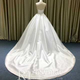 Classic Vintage Ball Gown Satin Low Back Wedding Dress with Vneck - Rosymae