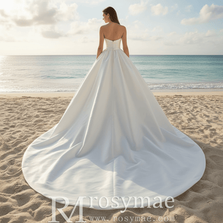Classic Vintage Ball Gown Satin Low Back Wedding Dress with Vneck - Rosymae