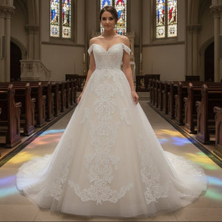 Classic Vintage Off the Shoulder A-line Wedding Dress with Floral Lace Appliqued - Rosymae