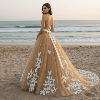 Classic Vintage Style Champagne Gold Wedding Dress with White Lace - Rosymae