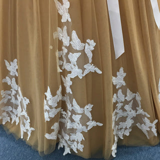 Classic Vintage Style Champagne Gold Wedding Dress with White Lace - Rosymae