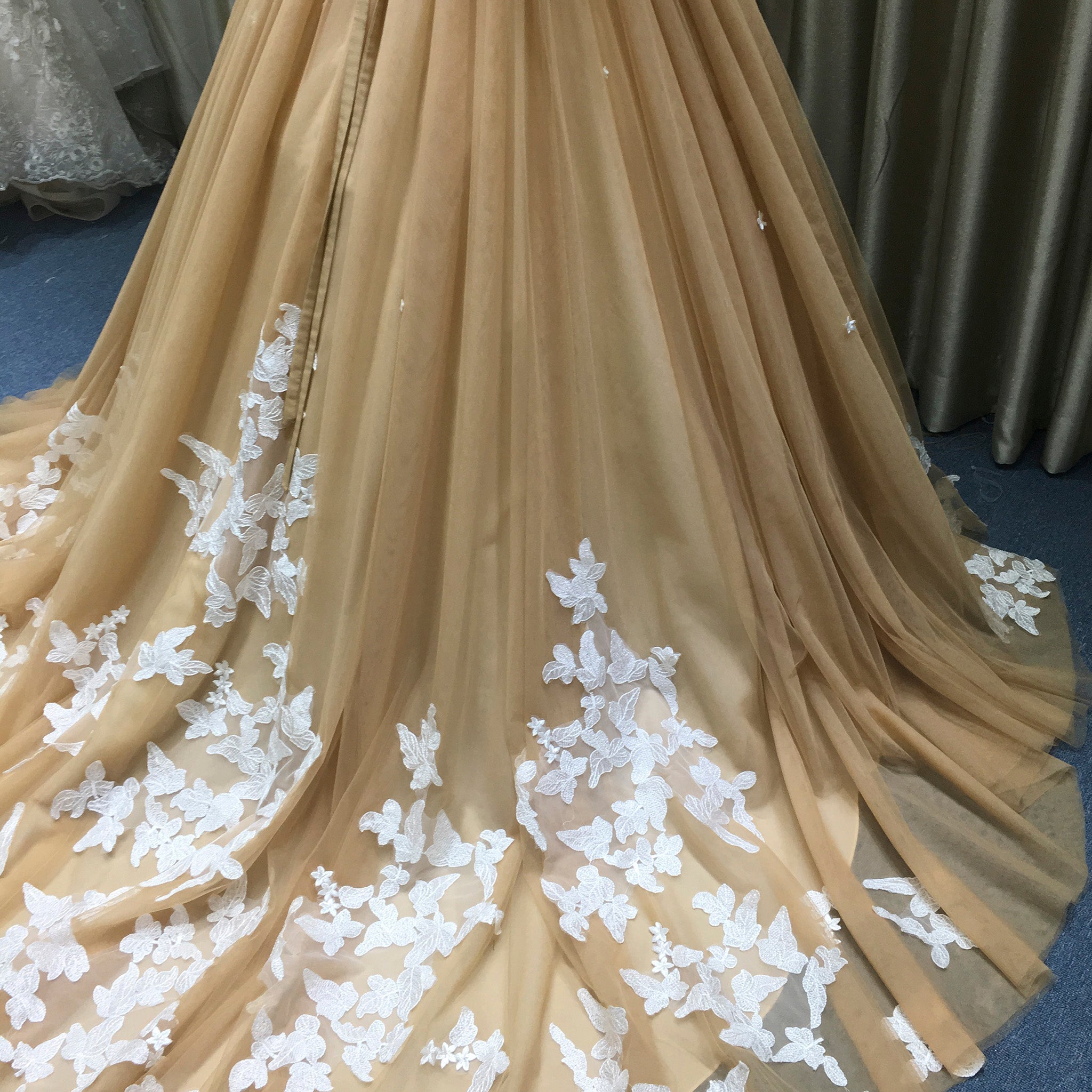 Classic Vintage Style Champagne Gold Wedding Dress with White Lace Champagne Gold / Custom Size