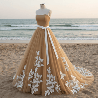 Classic Vintage Style Champagne Gold Wedding Dress with White Lace - Rosymae